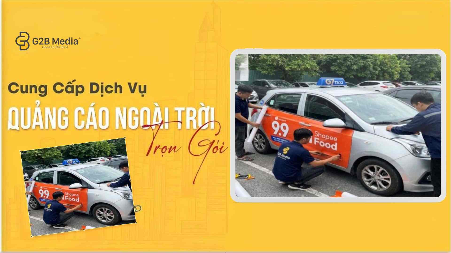 quảng cáo taxi G7 - Đội ngũ thi công đang thi công dán decal thương hiệu Shopee Food lên xe taxi G7