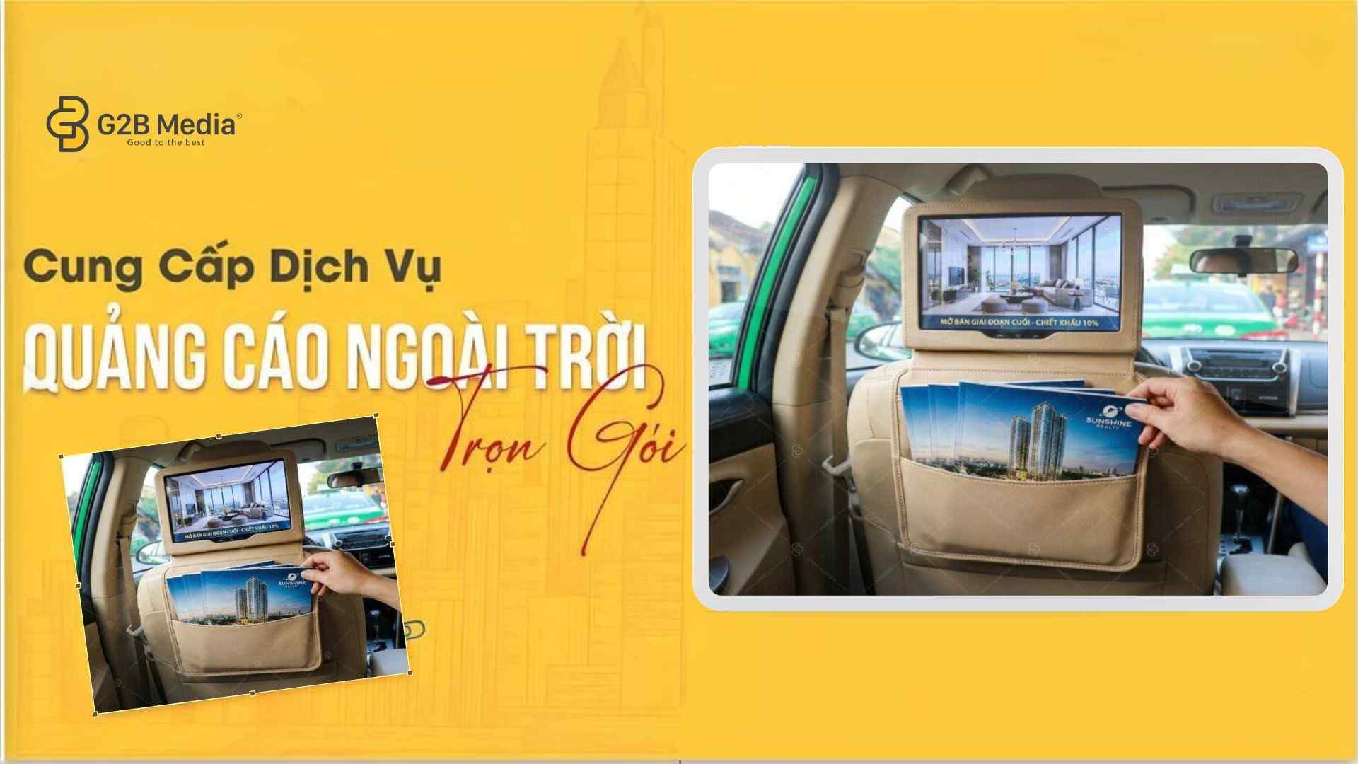 Quảng cáo trên xe taxi gắn màn hình LCD và túi treo tờ rơi