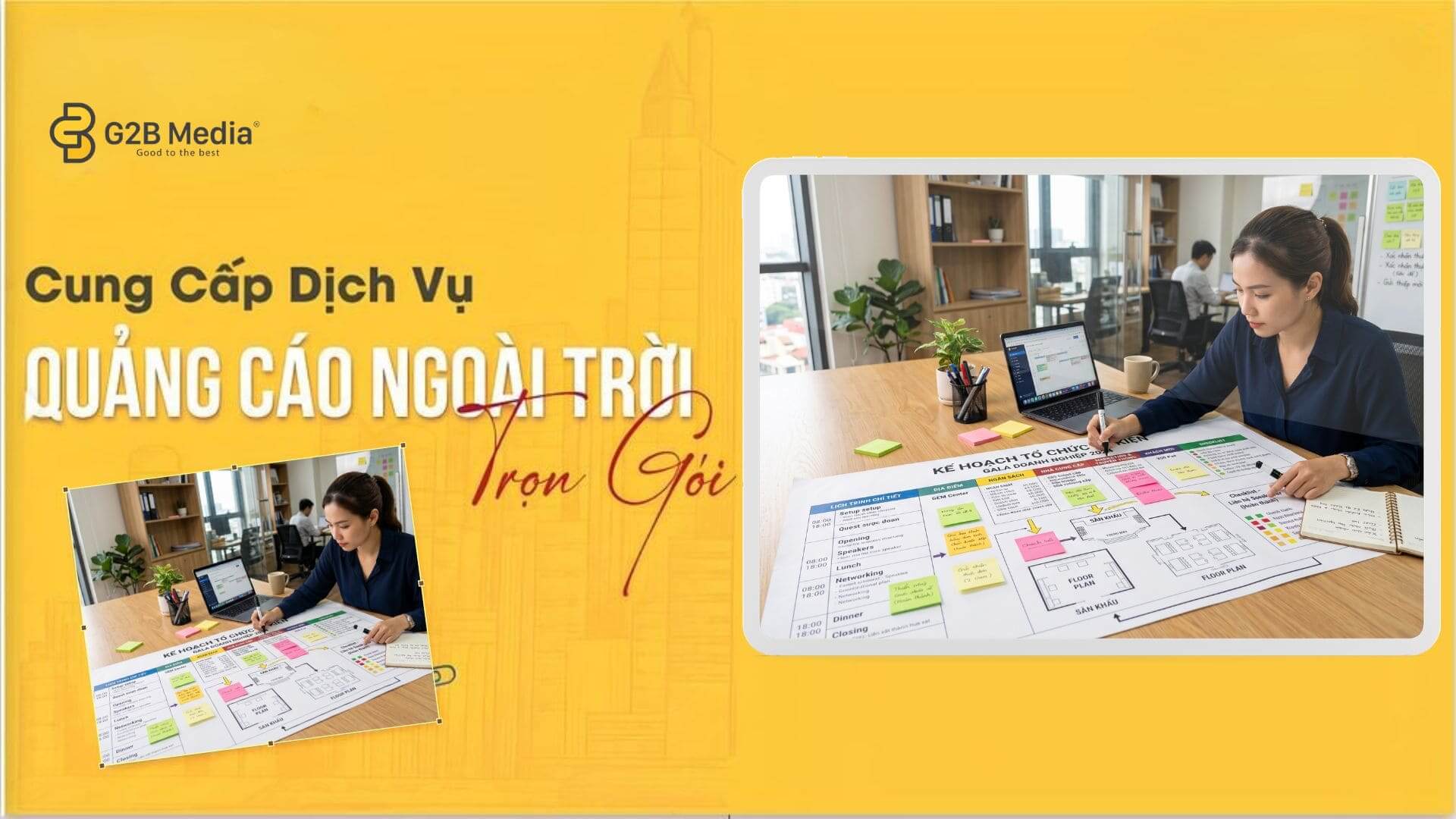Hình ảnh minh họa một chuyên viên đang lập kế hoạch tổ chức sự kiện chi tiết trên giấy khổ lớn