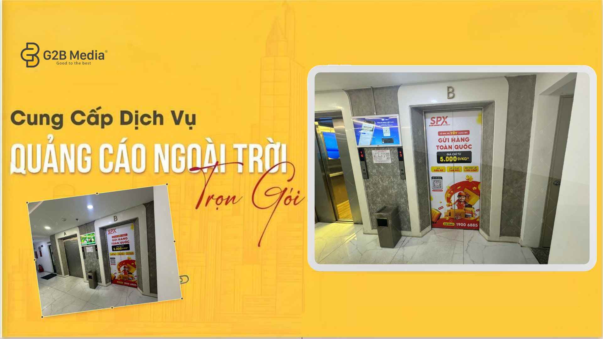 Toàn cảnh không gian quảng cáo thang máy tòa nhà THE HUB ngập tràn sắc cam thương hiệu SPX Express