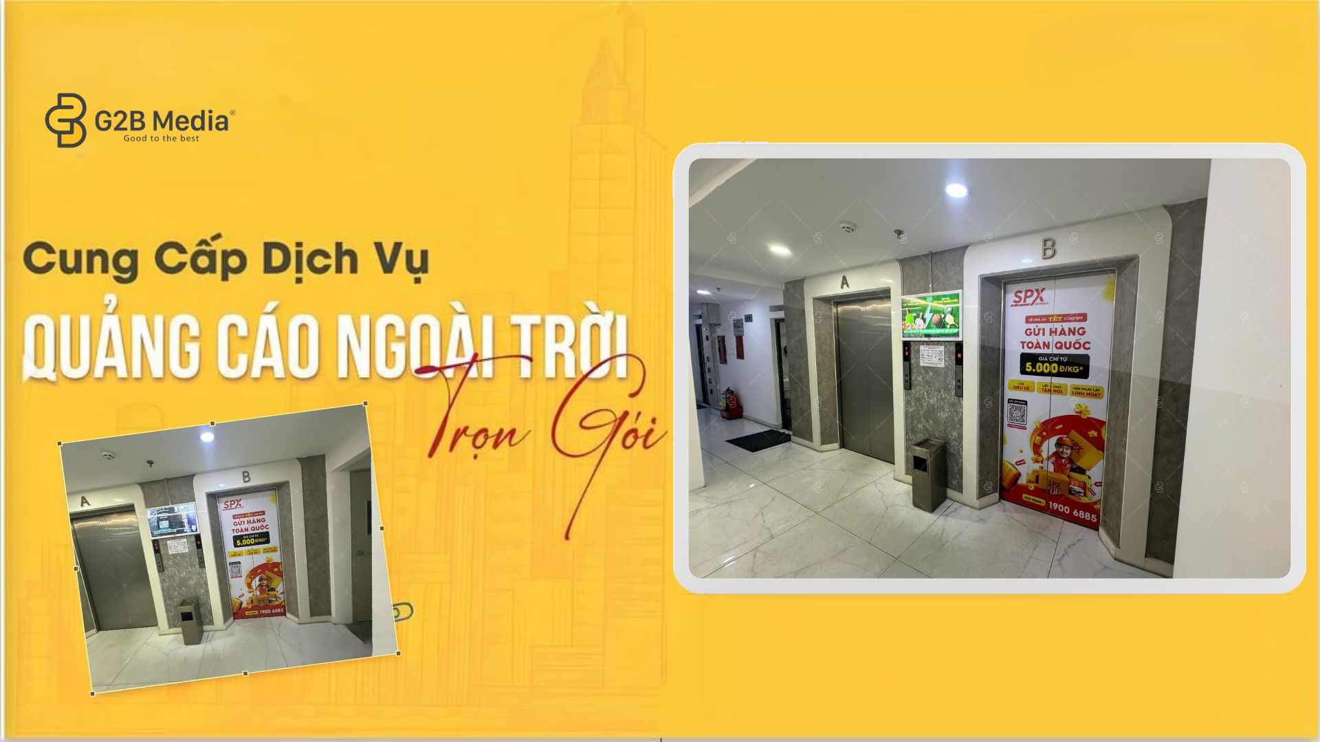 Thiết kế quảng cáo dán cửa thang máy SPX Express liền mạch, chuyên nghiệp truyền tải thông điệp đồng nhất