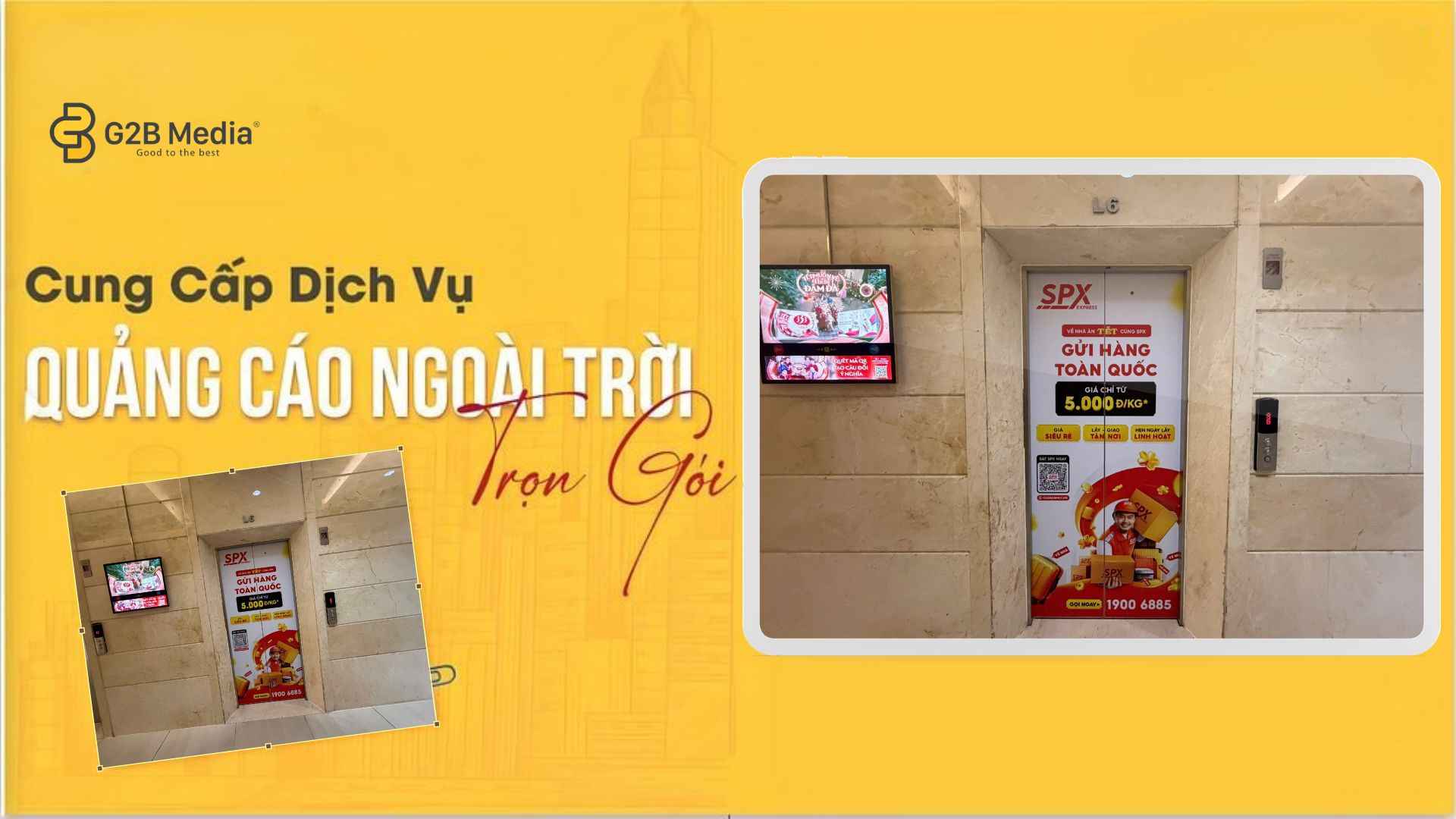 Thiết kế quảng cáo thang máy SPX Express với mã QR code và hotline