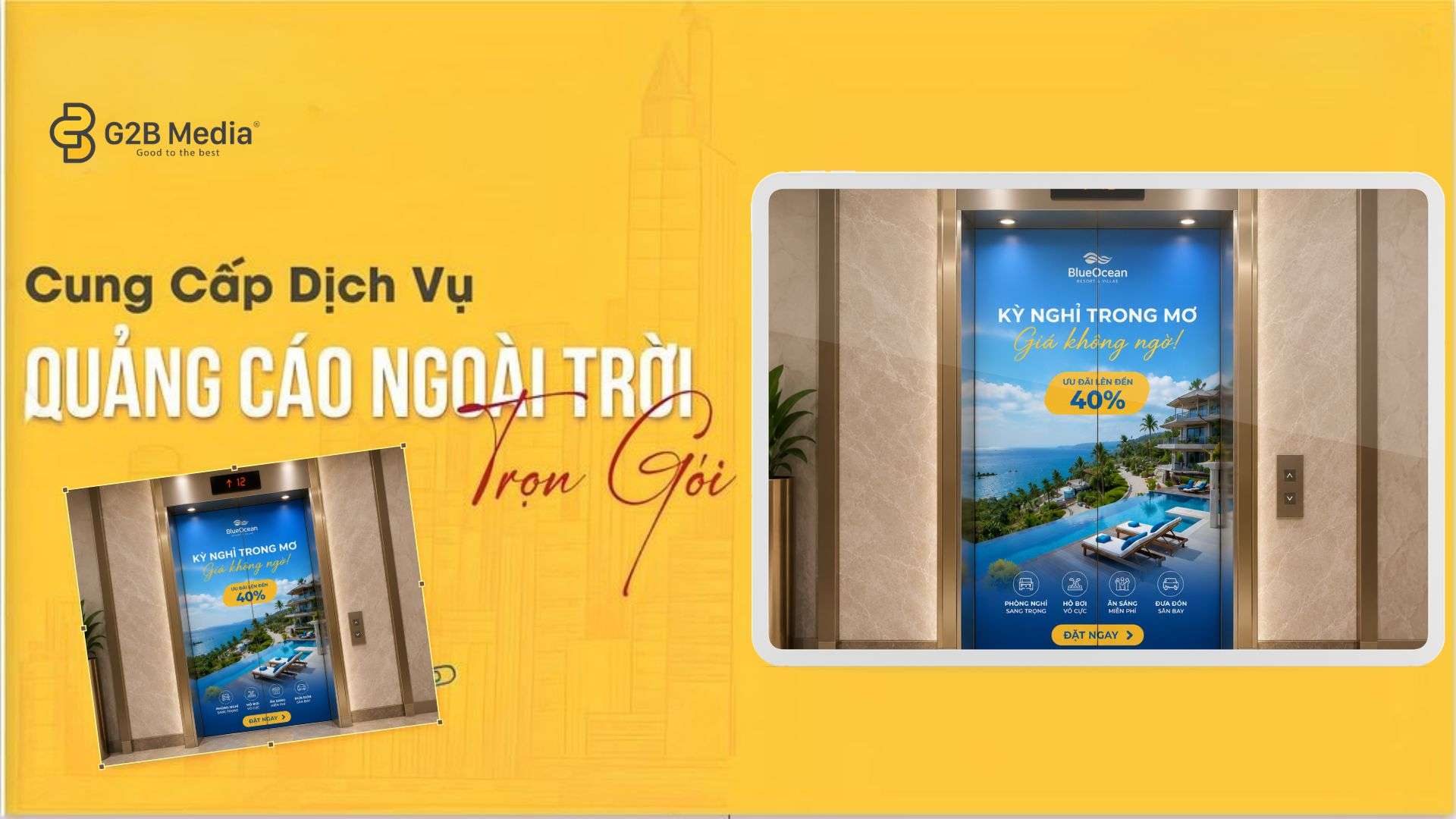 Cận cảnh cửa thang máy được dán decal tràn viền