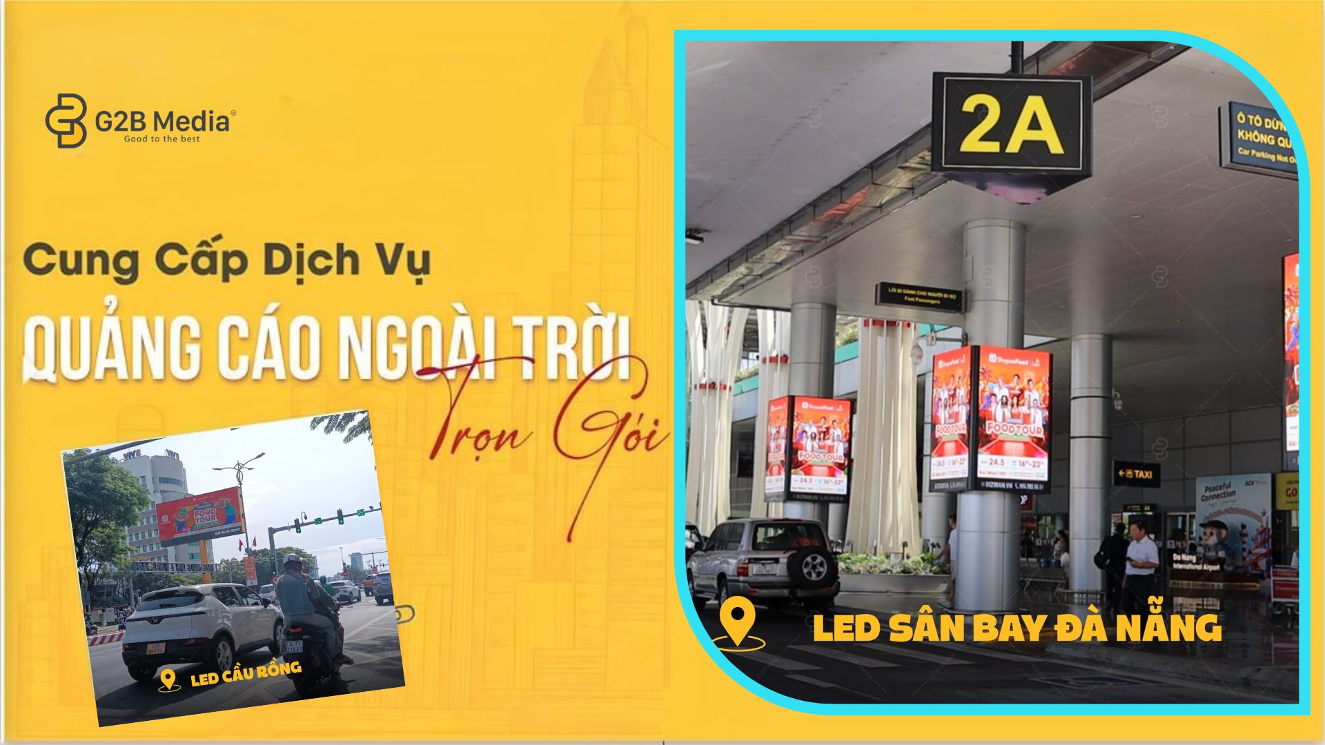 Dự án Chiến dịch quảng cáo màn hình led ShopeeFood Food Tour 2026 G2B Media phát sóng tại sân bay Đà Nẵng thu hút khách quốc tế
