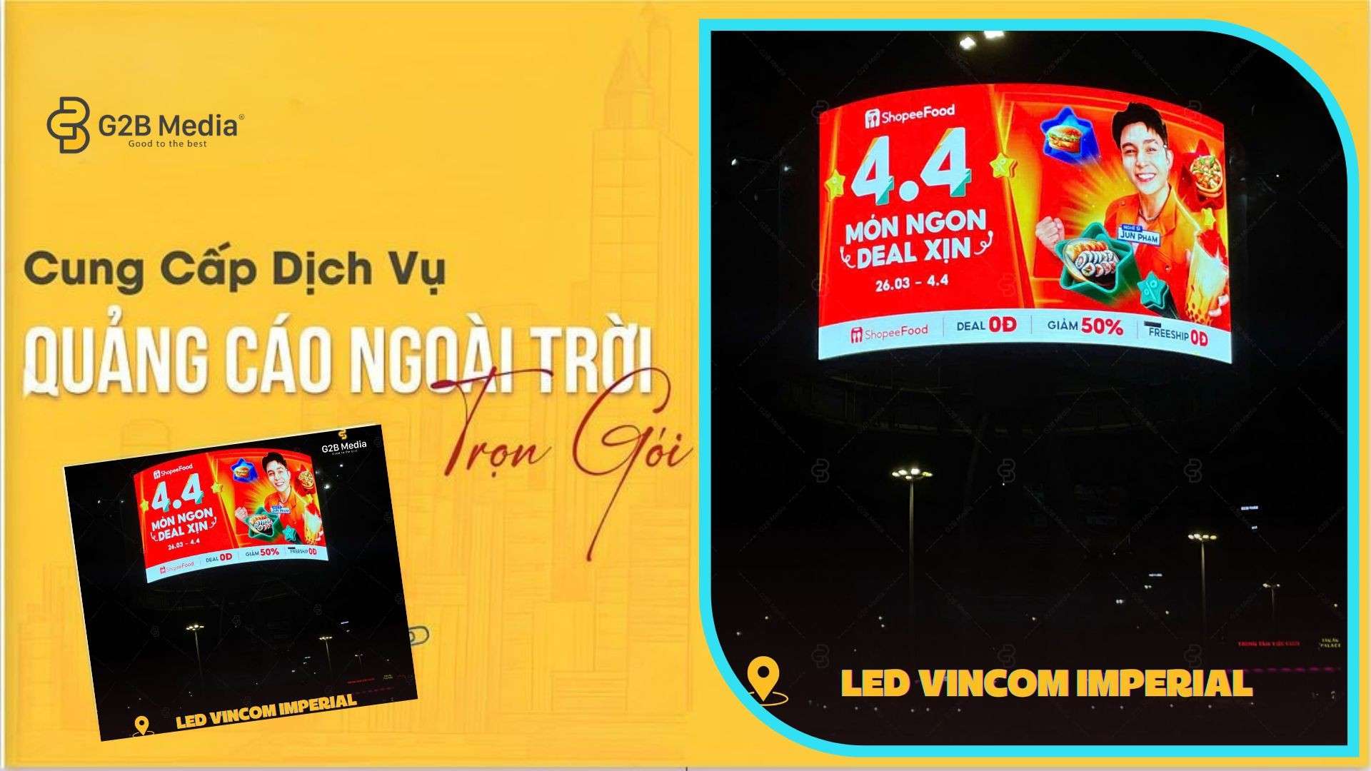 Hiệu ứng thị giác nổi bật ban đêm của màn hình LED quảng cáo OOH Vincom Imperial trong chiến dịch ShopeeFood 4.4