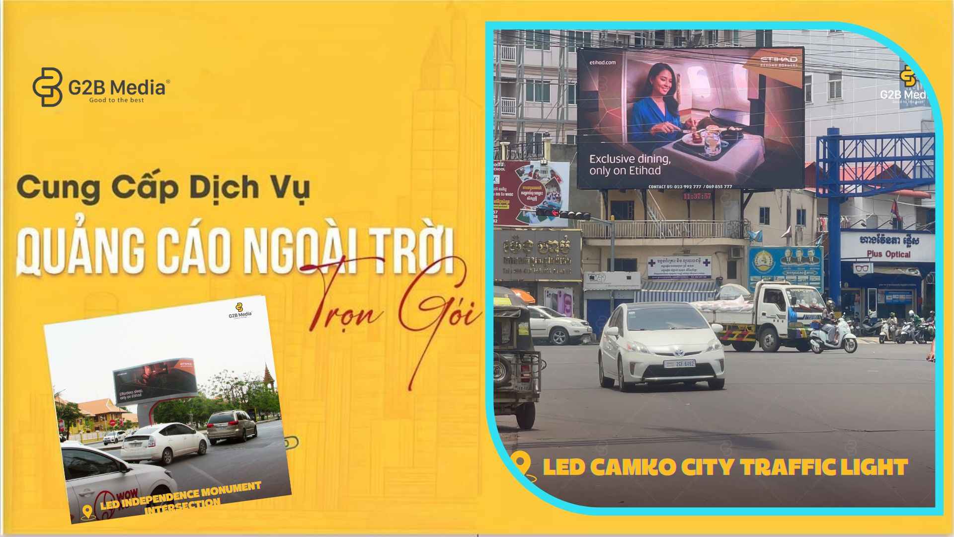 Hình ảnh sắc nét chuẩn 4K của dự án quảng cáo LED Campuchia Etihad Airways G2B Media tại nút giao Camko City
