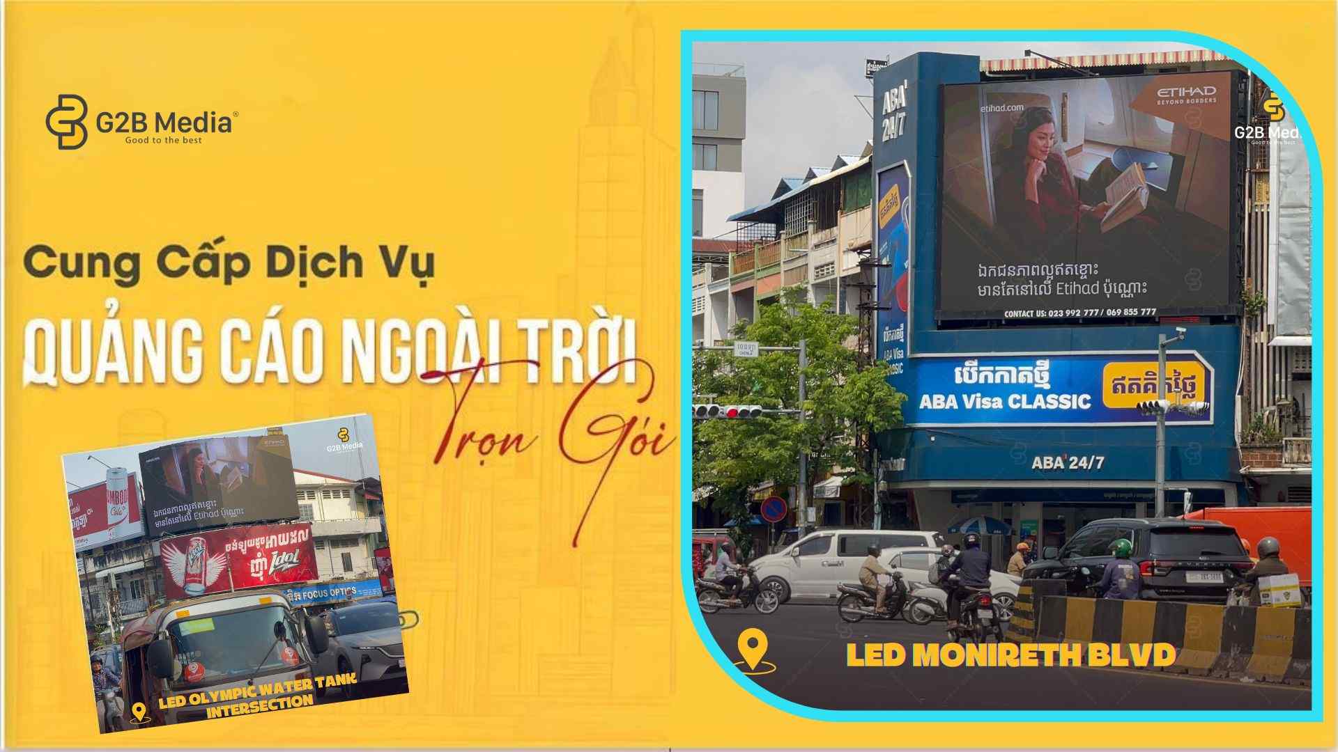 Biển quảng cáo LED Campuchia Etihad Airways G2B Media nổi bật tại ngã tư sầm uất Monireth Blvd