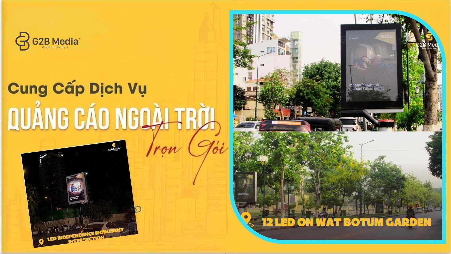 Vị trí màn hình quảng cáo LED Campuchia Etihad Airways G2B Media tại khu vực công viên Wat Botum Garden
