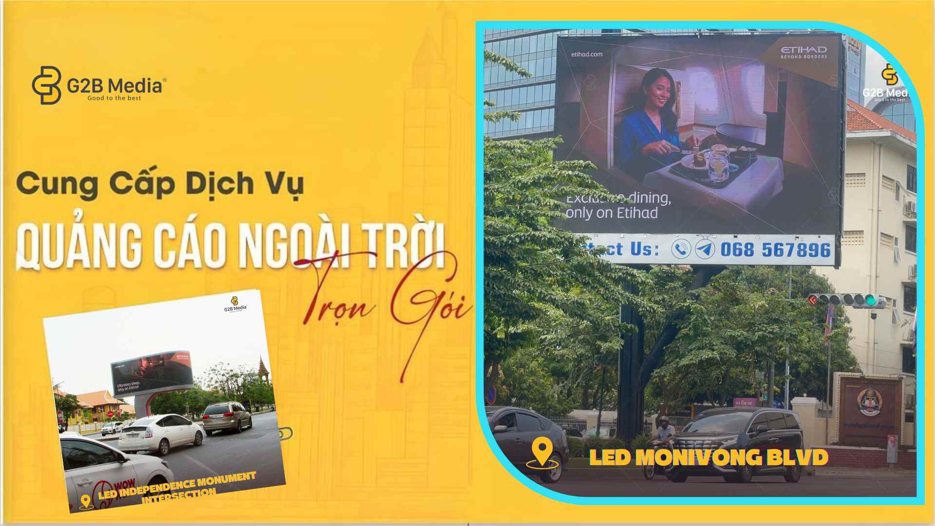 Lưu lượng giao thông đông đúc tiếp cận dự án quảng cáo LED Campuchia Etihad Airways G2B Media trên đại lộ
