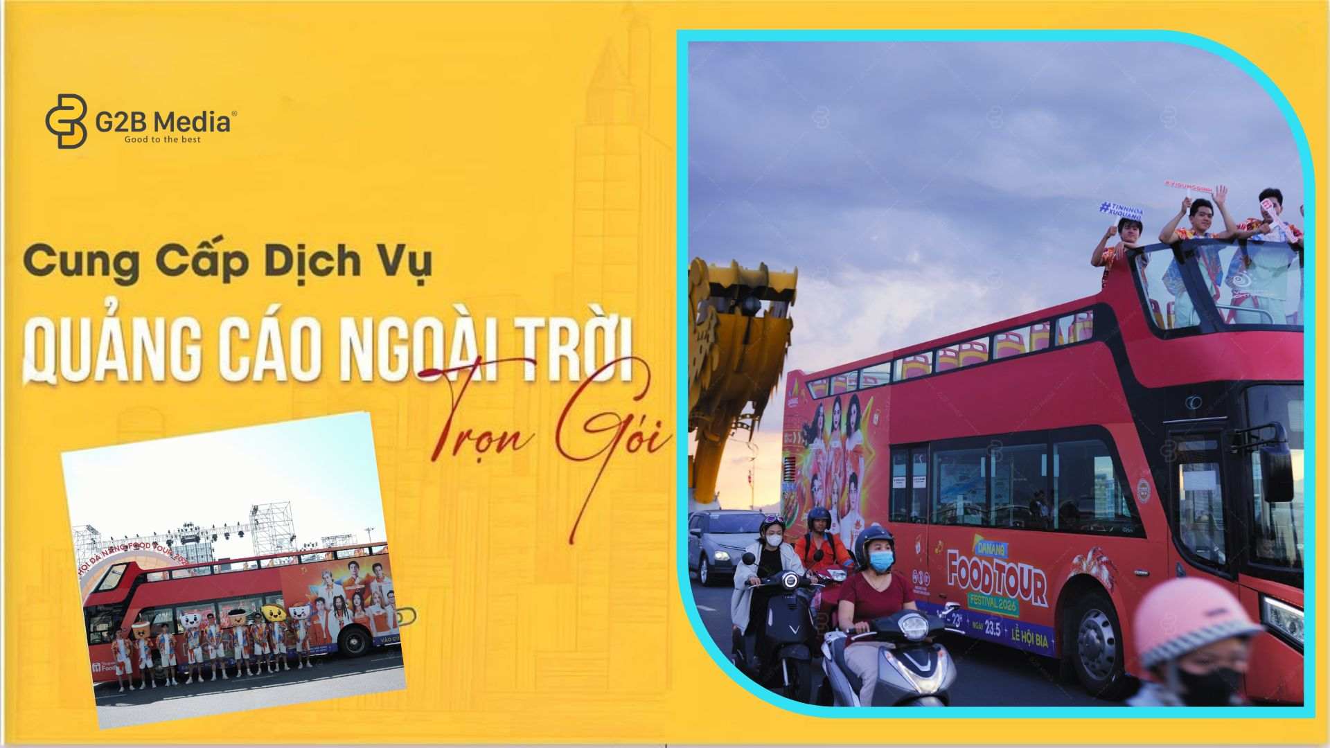 Xe bus 2 tầng quảng cáo Roadshow ShopeeFood Food Tour 2026 G2B Media di chuyển qua biểu tượng Cầu Rồng