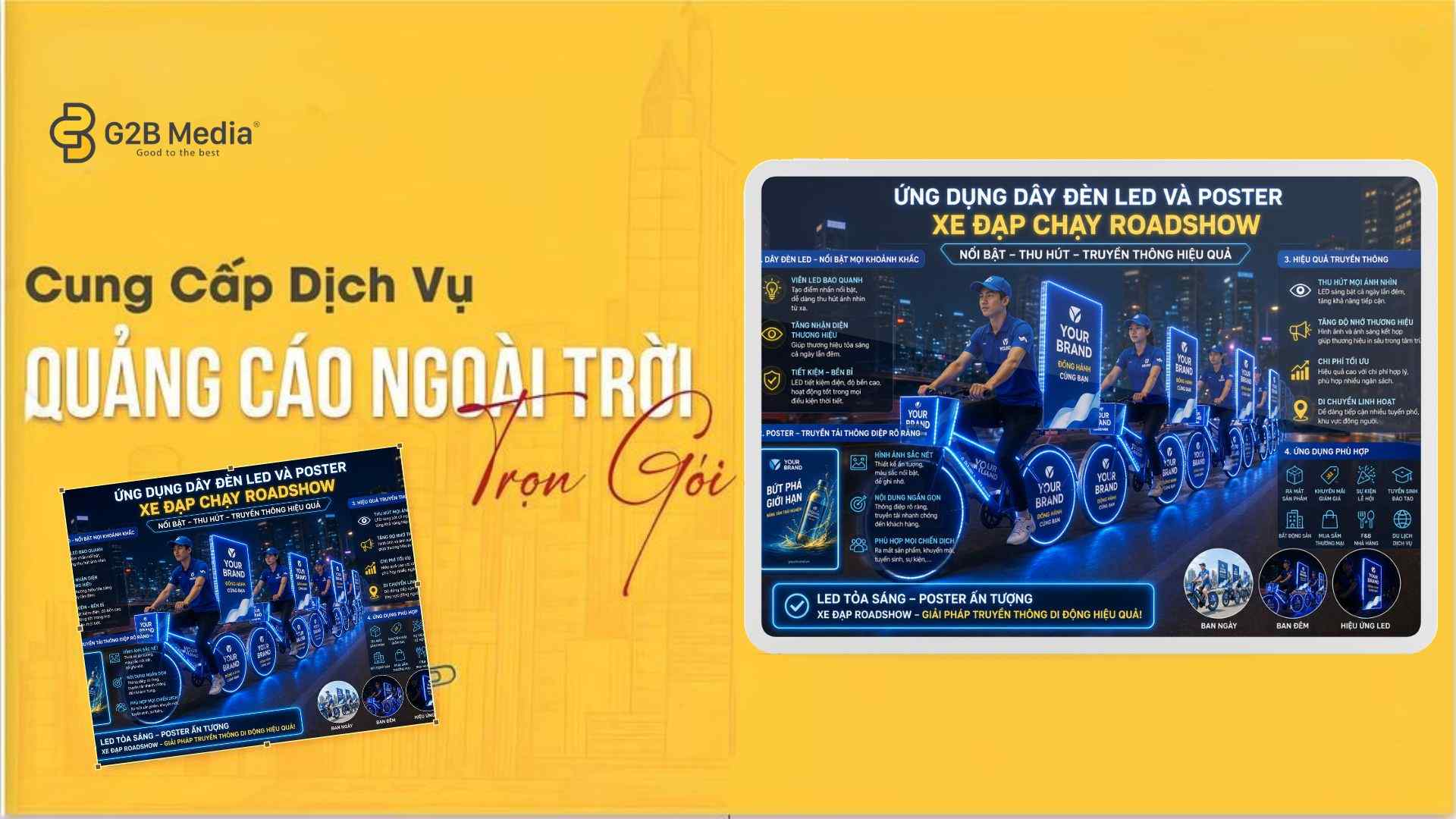 Ứng dụng dây đèn LED và poster xe đạp chạy roadshow