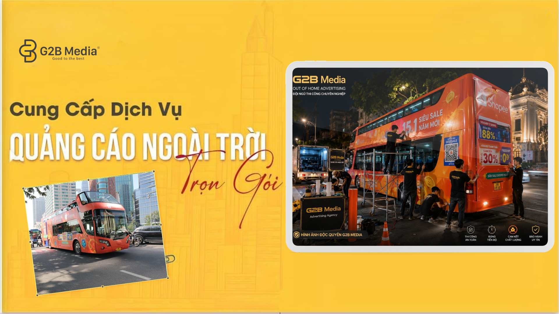 Đội ngũ thi công G2B Media đang dán bảo hành decal xe bus cho đối tác ngay trong đêm