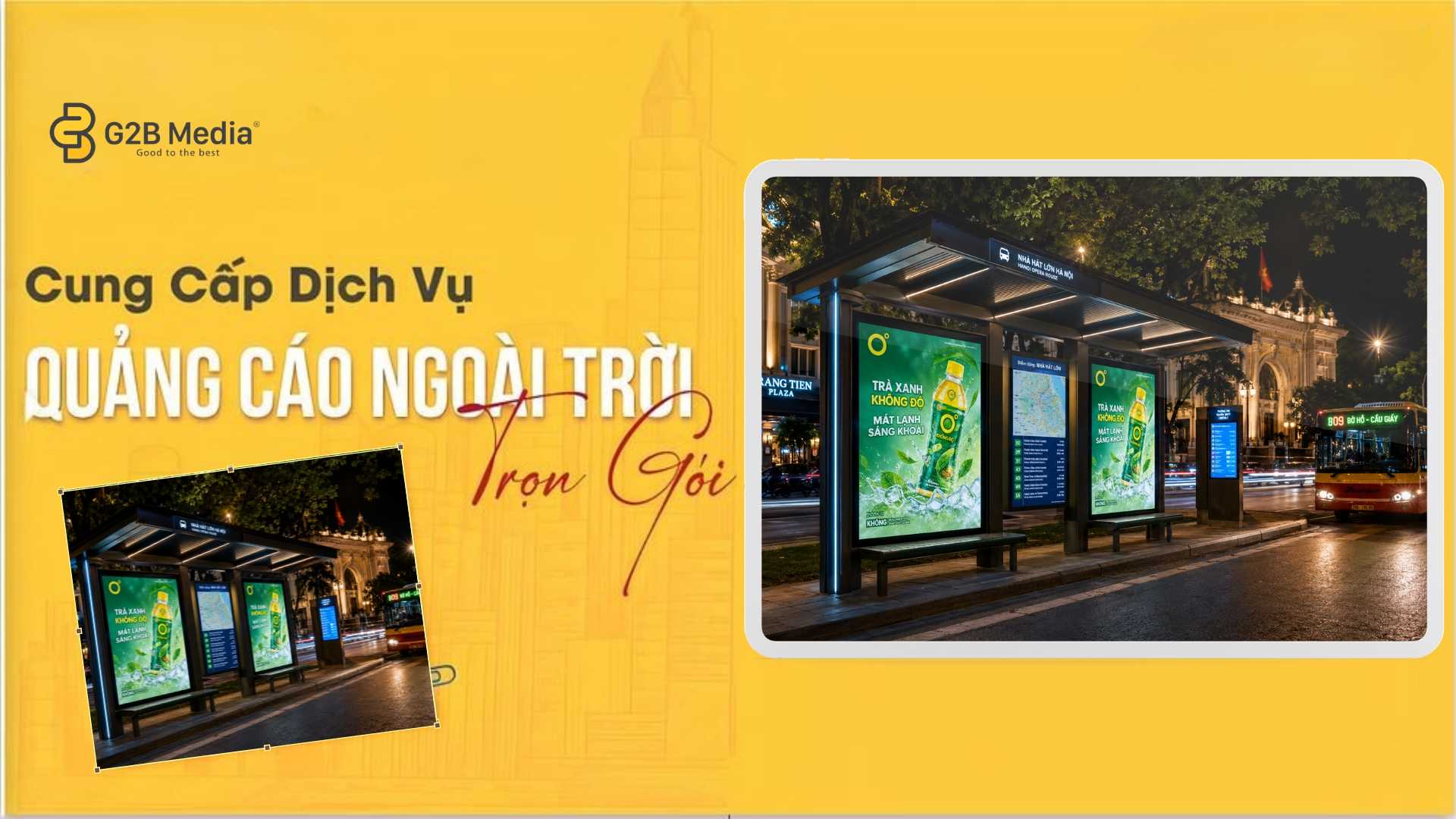Hệ thống quảng cáo nhà chờ xe bus ban đêm có đèn LED chiếu sáng tại trung tâm Hà Nội