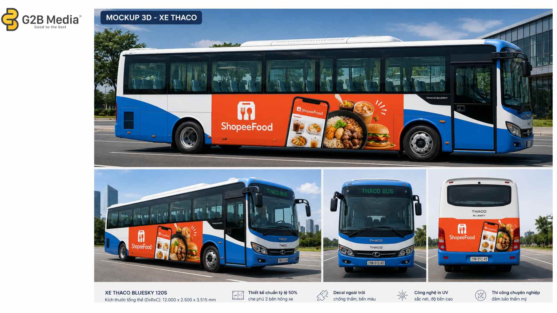 Bảng thông số kích thước dán decal quảng cáo xe bus dòng Thaco chuẩn xác nhất 2026.