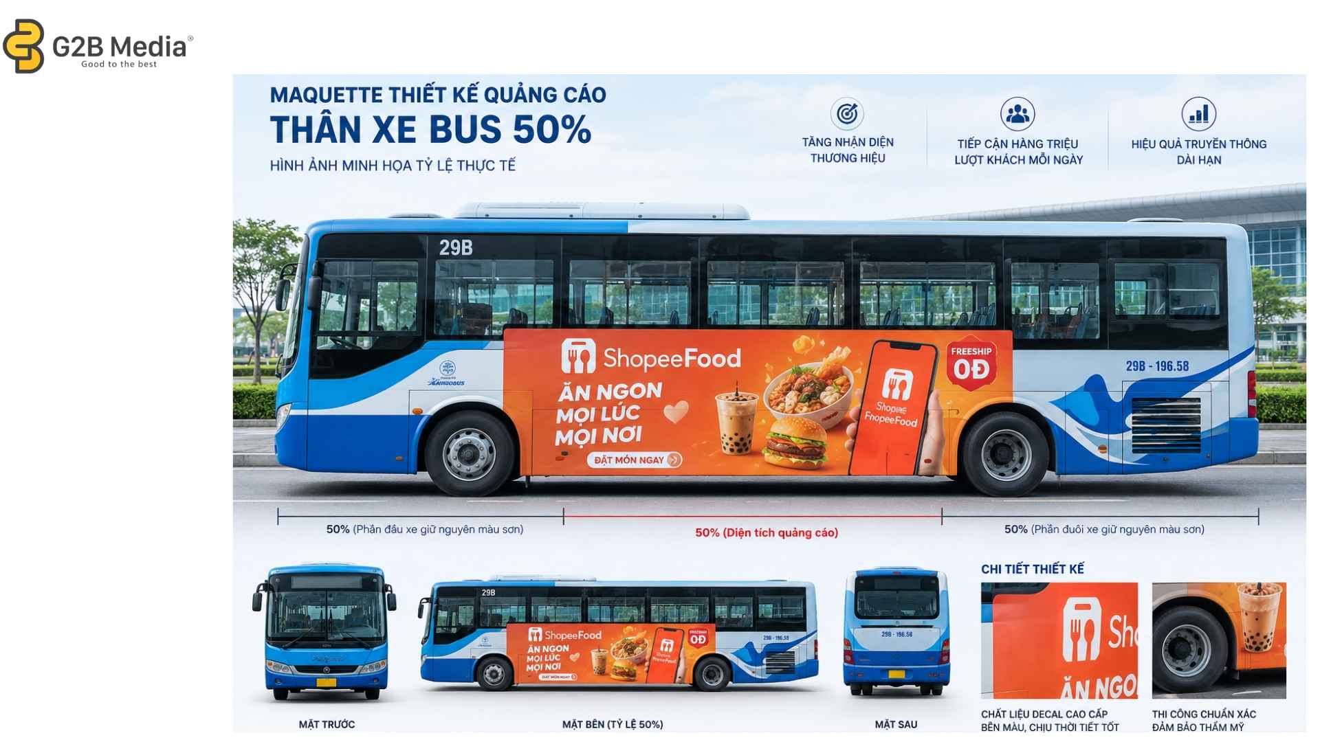 Quy định diện tích dán quảng cáo xe bus không vượt quá 50% năm 2026.