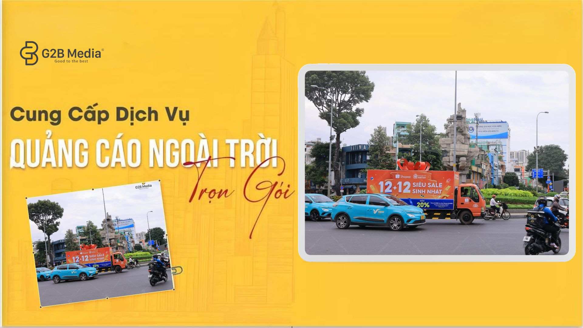 Chiến dịch quảng cáo roadshow xe tải Shopee 12.12.2026 tại vòng xoay Hồ Con Rùa