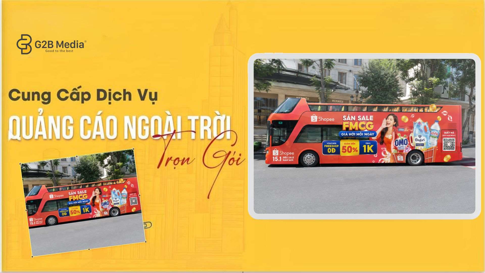 Thiết kế quảng cáo tràn kính ngành hàng FMCG với màu sắc bắt mắt