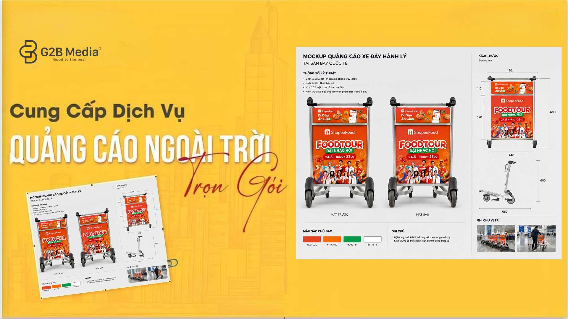 Maquette quảng cáo xe đẩy hành lý tại sân bay.