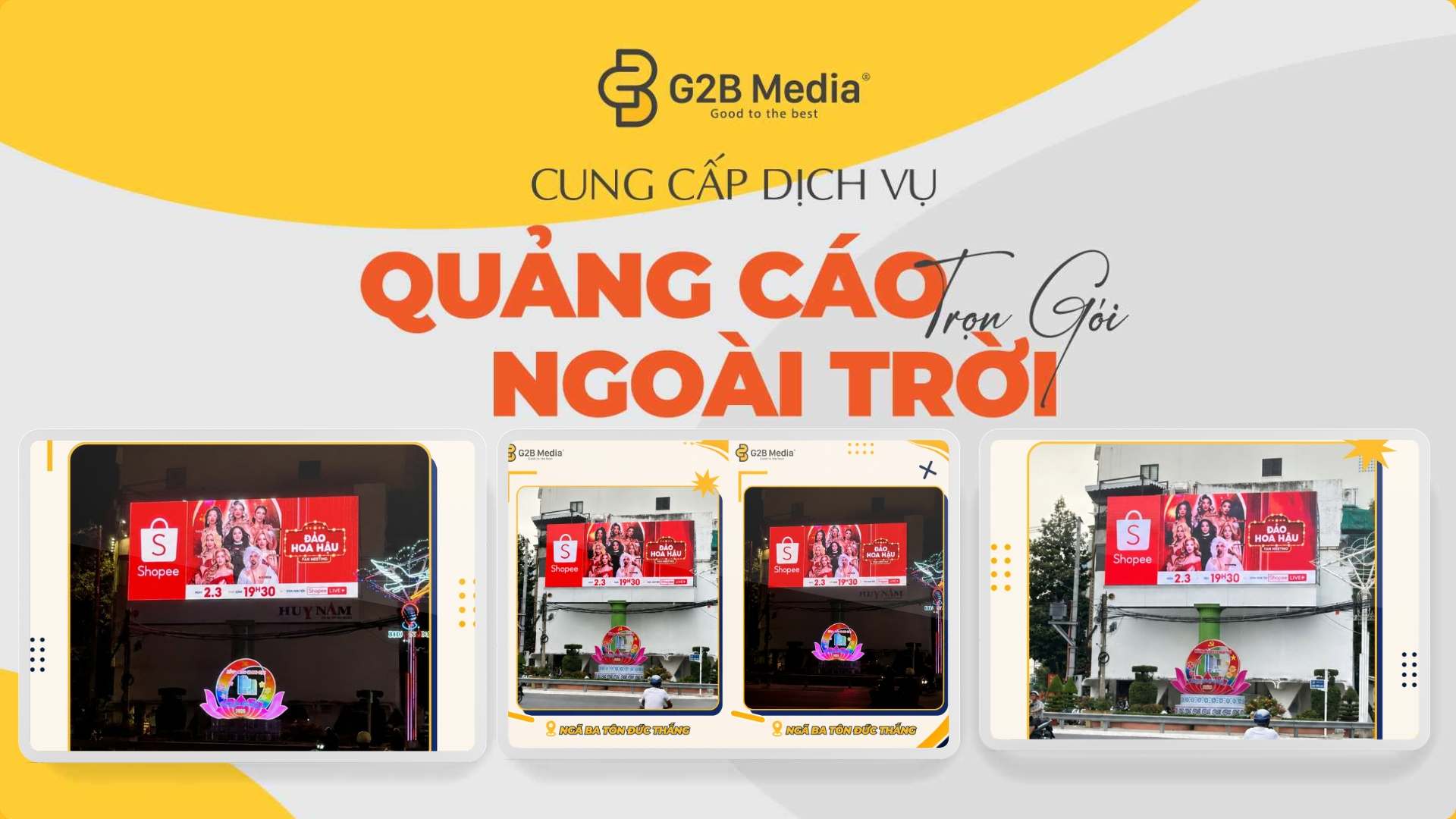Quảng cáo OOH Shopee trên bảng billboard cột trụ đứng tại ngã ba Tôn Đức Thắng sầm uất.
