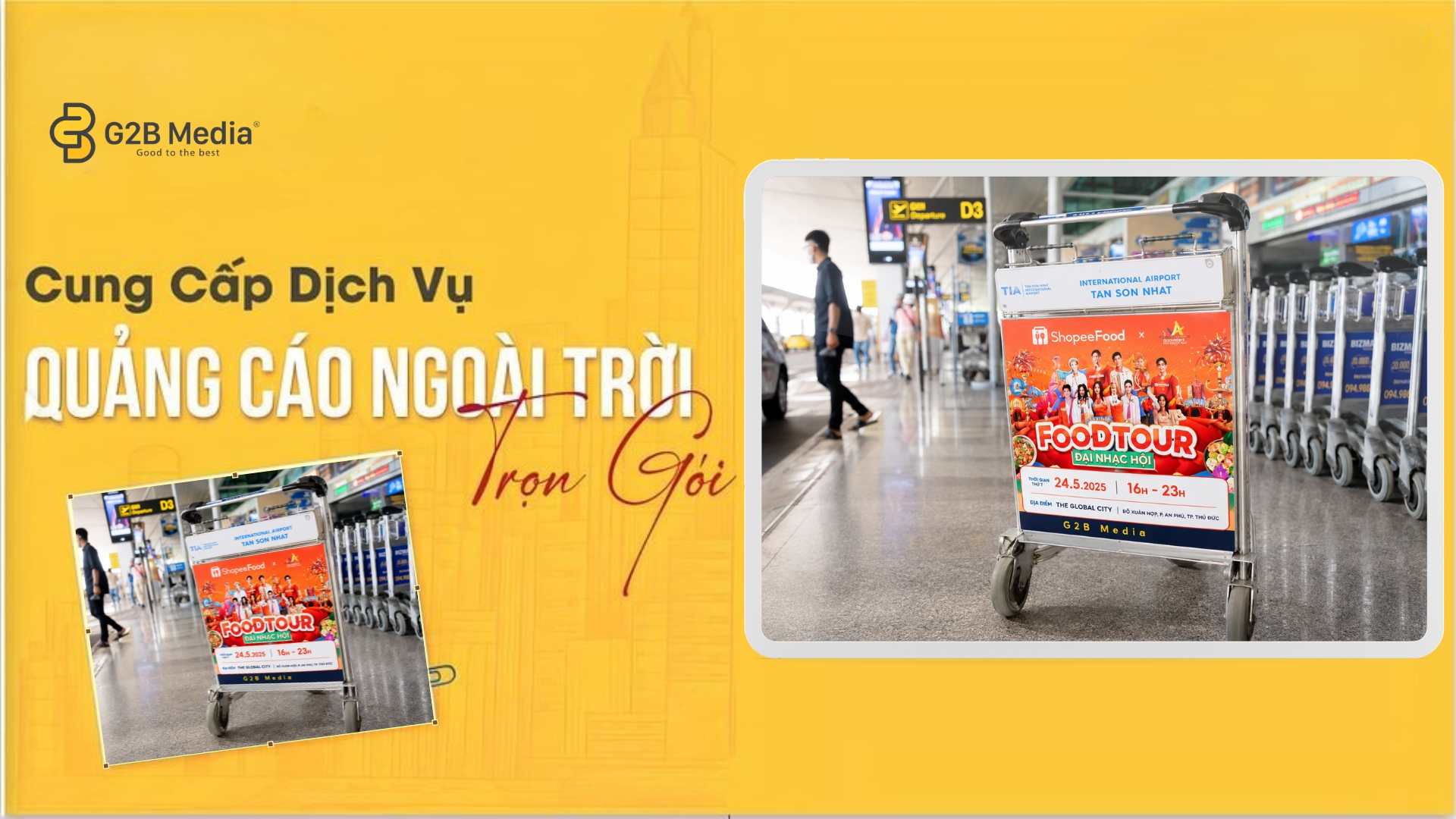 Dán maquette quảng cáo xe đẩy sân bay Tân Sơn Nhất giúp tăng nhận diện thương hiệu.