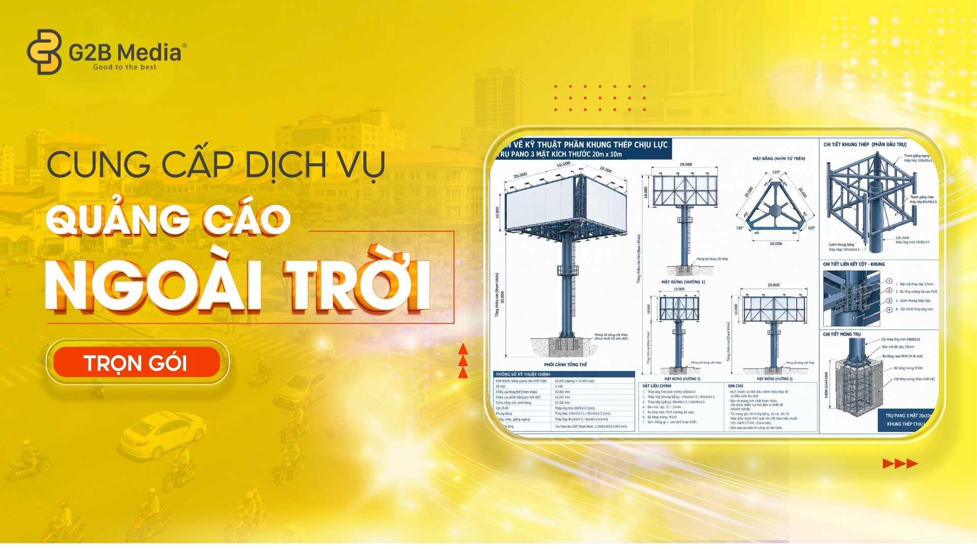 Báo giá trụ pano quảng cáo ngoài trời ngang 20m cao 10m 3 mặt.