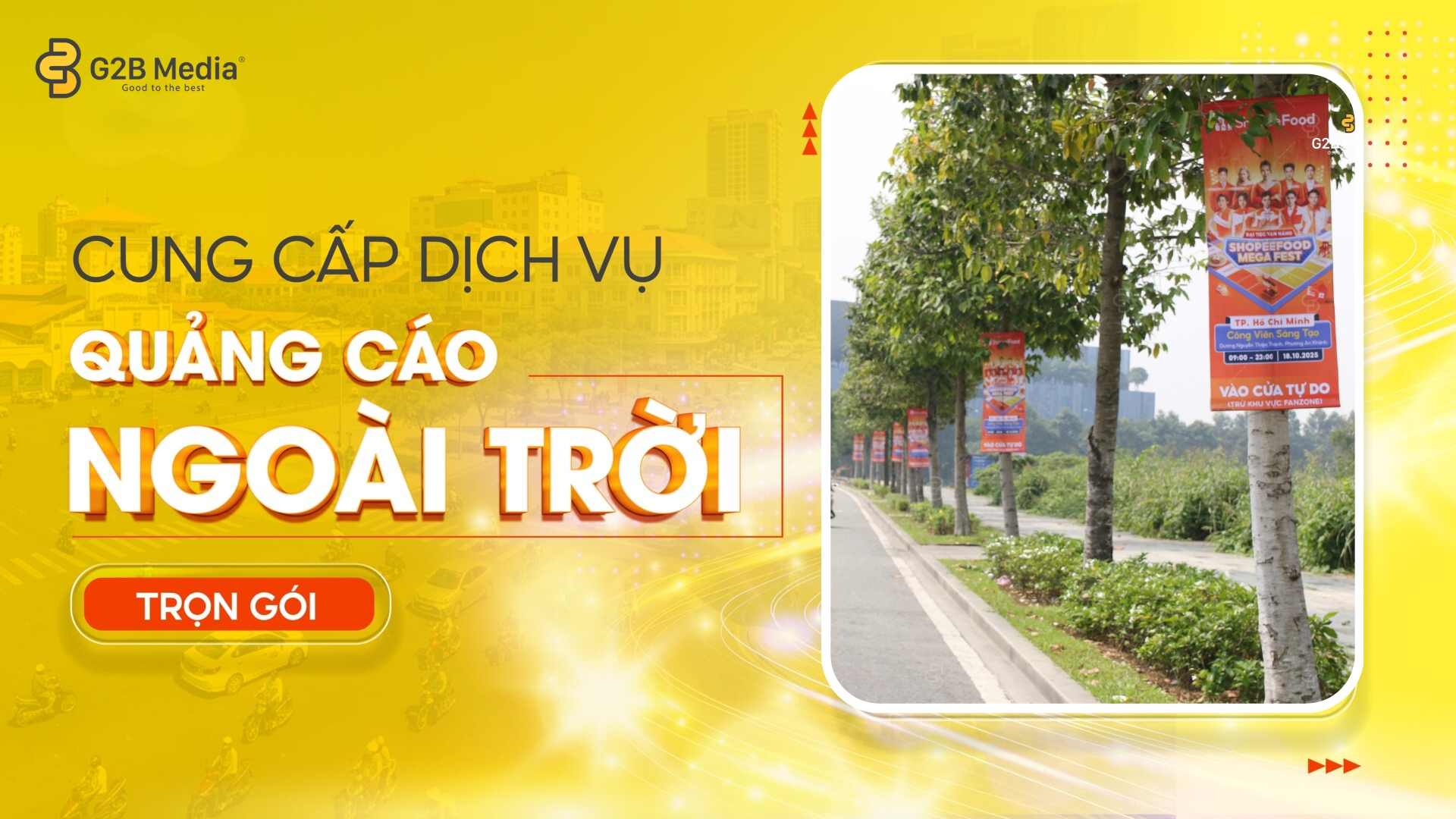 Hình ảnh thực tế chiến dịch treo phướn sự kiện ShopeeFood Mega Fest tại Công Viên Sáng Tạo.